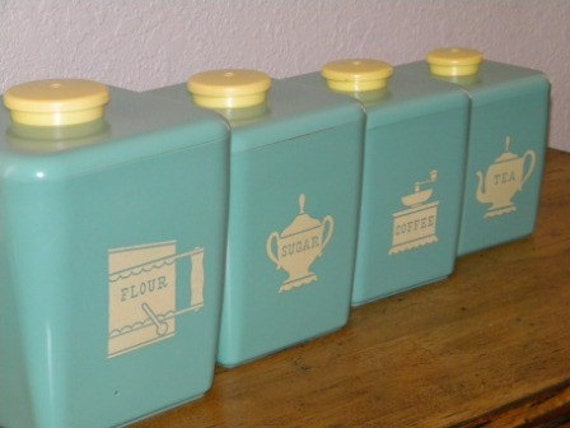 Vintage Plastic  Blue  Green Canister Set  Burroughs