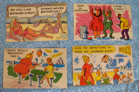 Four RETRO 50s Comic Postcards One risque beach postcard