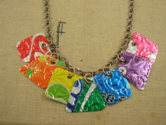 7 Pieces of 8 Necklace.  DOUBLE-sided and Embossed.  Recycled Soda Can Art. RAINBOW