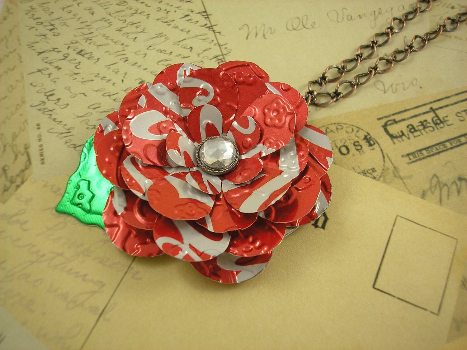 Red Coke Flower and Leaf Pendant Necklace. Recycled by jillmccp