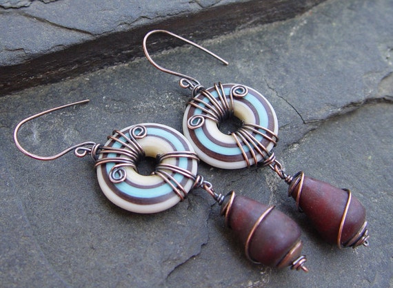 Tucson Lampwork and Copper Wire Worked Earrings by jeanawells