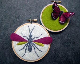Wasp and Butterfly Hoop Art - hand embroidered home decor wall decoration by mlmxoxo