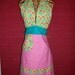 Flirty Halter Pink Polka Dot Womens Hostess Apron with Green and Pink Print and Turquoise