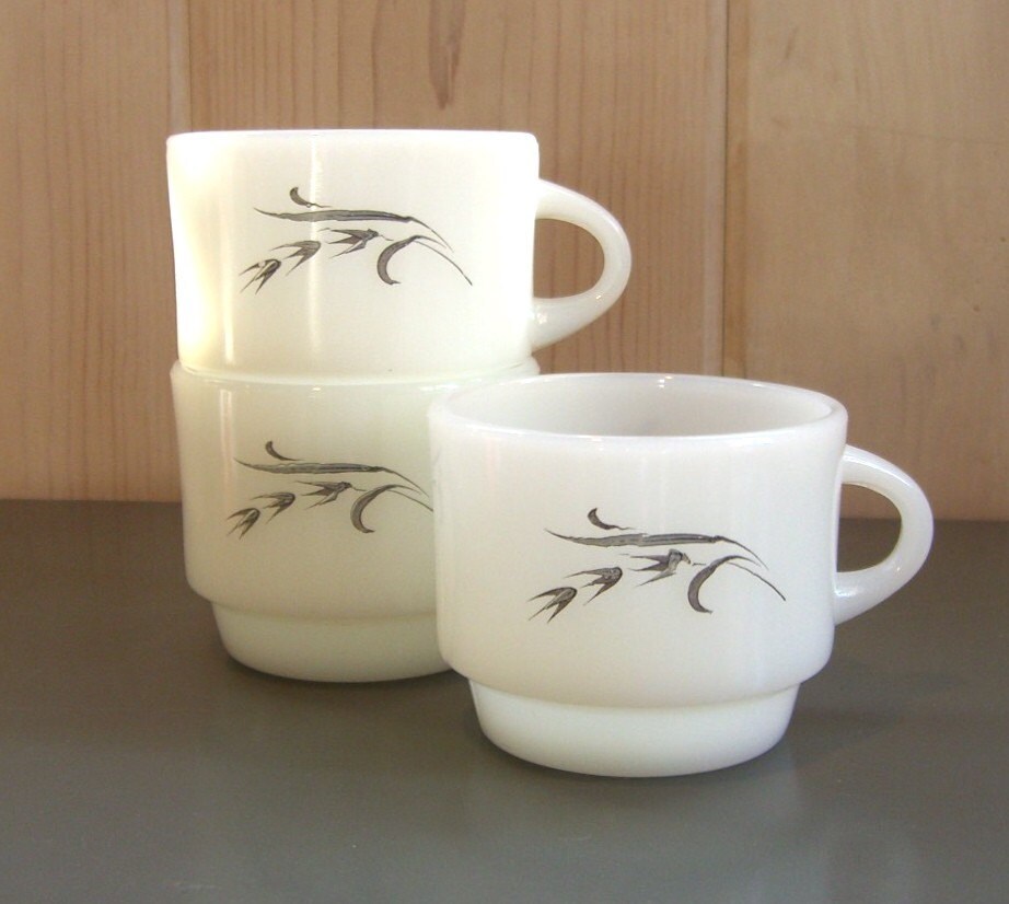 Fire King Milk Glass Mugs Gray Wheat Pattern by Anchor Hocking