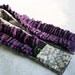 Ruffled Camera Strap Cover Padded with Lens Cap Pocket - Silver Leaves with Purple Ruffle- MADE TO ORDER