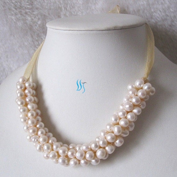 Pearl Bib Necklace 18 inches 78mm White by PearlsStory on Etsy
