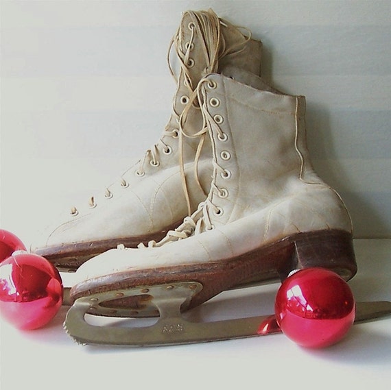 Vintage Ice Skates Womens White Leather by PastMadePresent