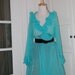 50s 60s Sheer Chiffon Full Circle Wrap Dress in Turquoise, Ruffles, Size Large