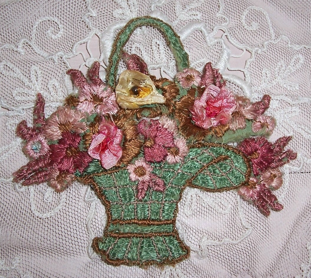 ANTIQUE Silk Embroidery Applique...Flower Basket by VintageFlowers