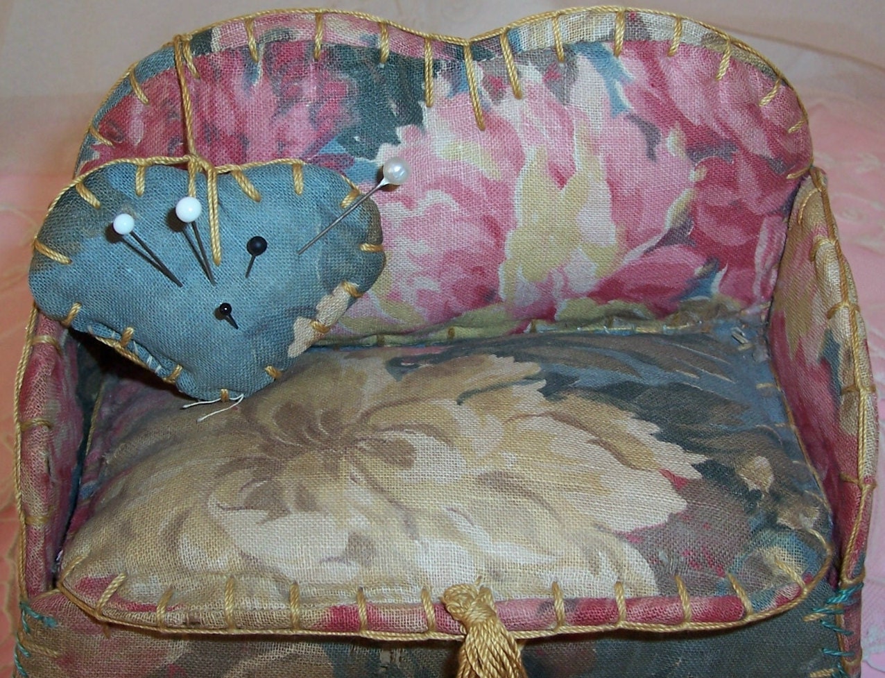 ANTIQUE Pink ROSES Fabric Sewing Box w/ by VintageFlowers on Etsy