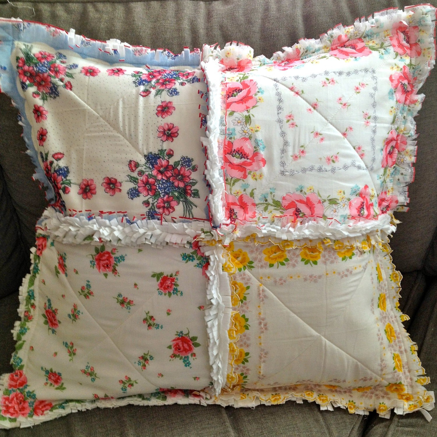 Vintage Hanky Handkerchief Rag Quilted Pillow Cover