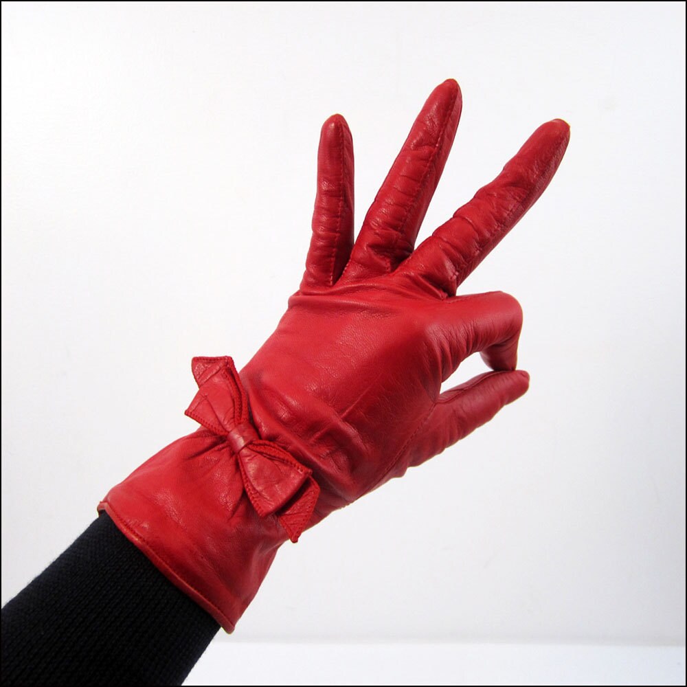 ruby red leather Bow lady gloves