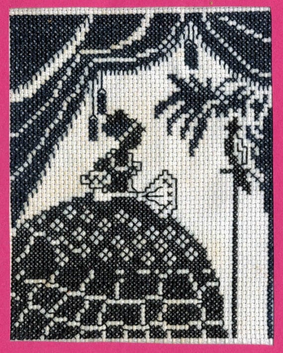 Black cross stitch Southern belle Vintage Cross Stitch Sampler