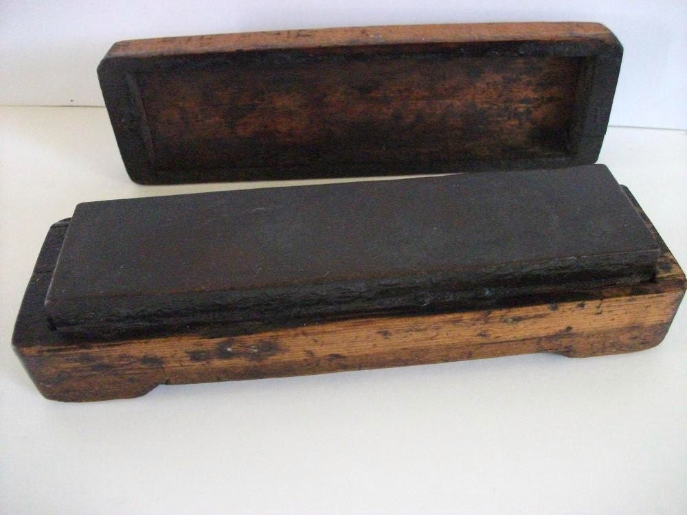 Antique Wood Block Oil Stone Knife Sharpener