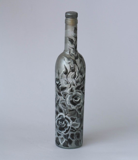 Black and White Roses Hand Painted Bottle
