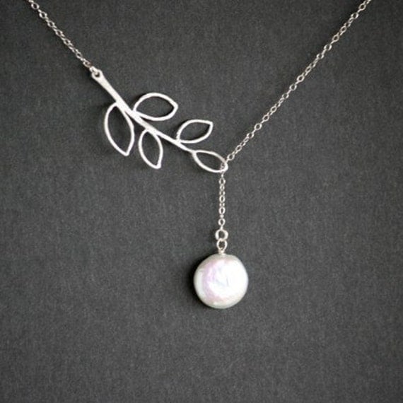 Pearl necklace leaf necklace coin pearl lariat necklace