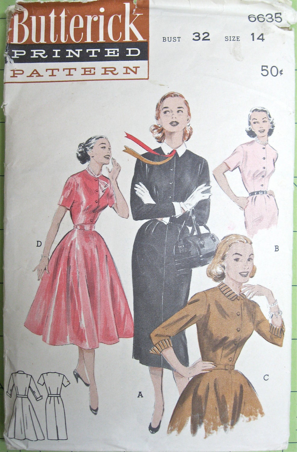 Vintage Dress Sewing Pattern Butterick 6635 1950s