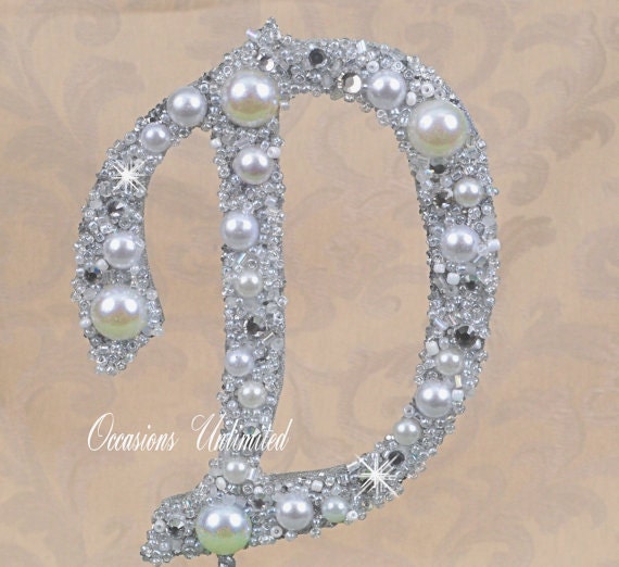 SMALL 4" Silver Cake Topper Cake Top Bling Wedding Monogram White & Ivory Pearls, Clear Rhinestone