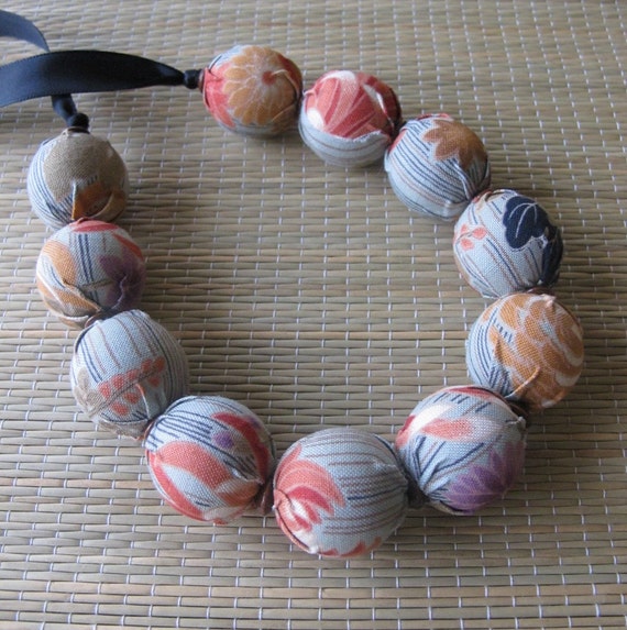 Items Similar To Necklace Fabric Covered Wood Beads Green And Multi