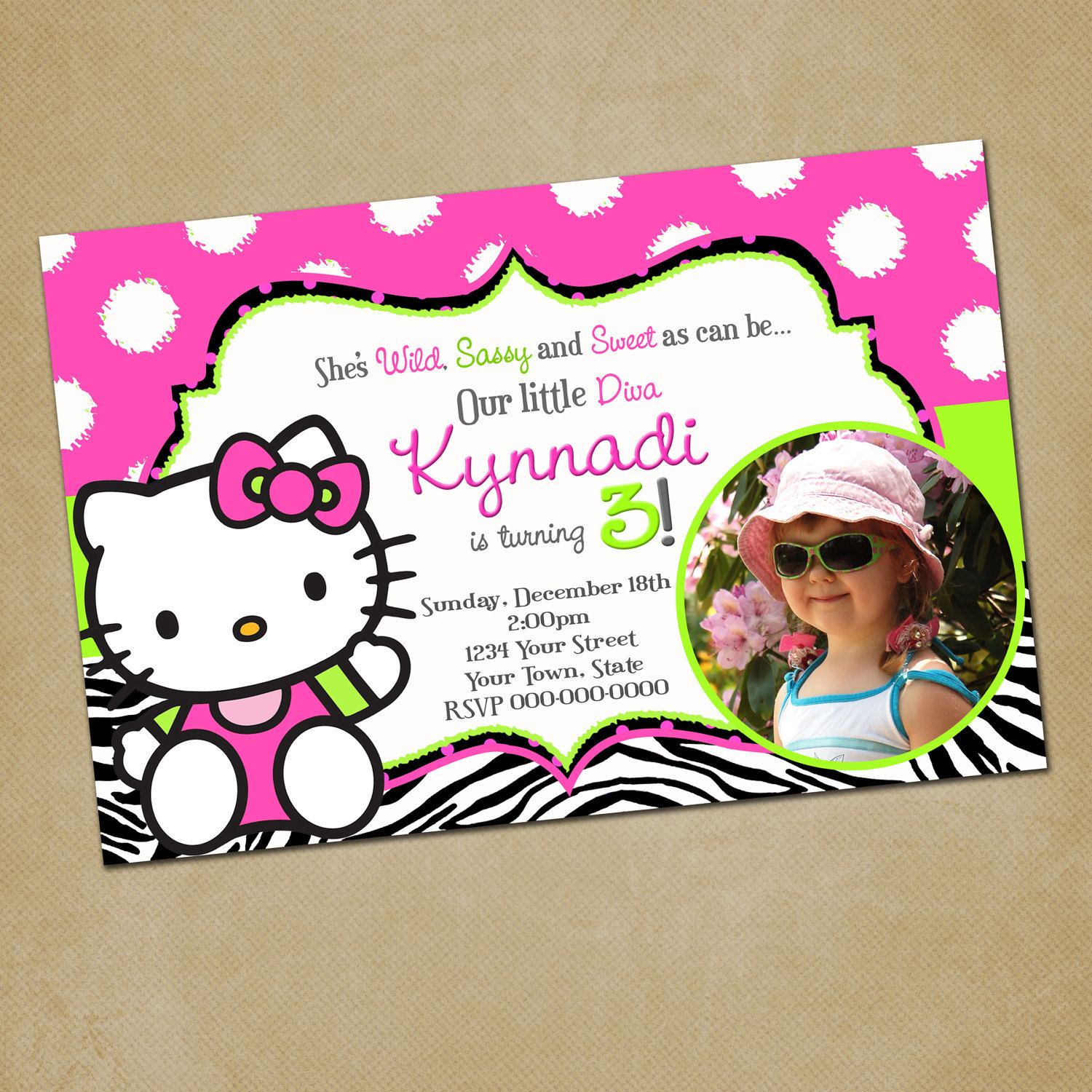 Hello Kitty Zebra Print Birthday Invitation by ...