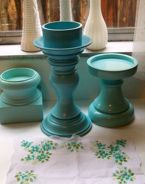 Aqua Blue Pillar Candle Holders Set