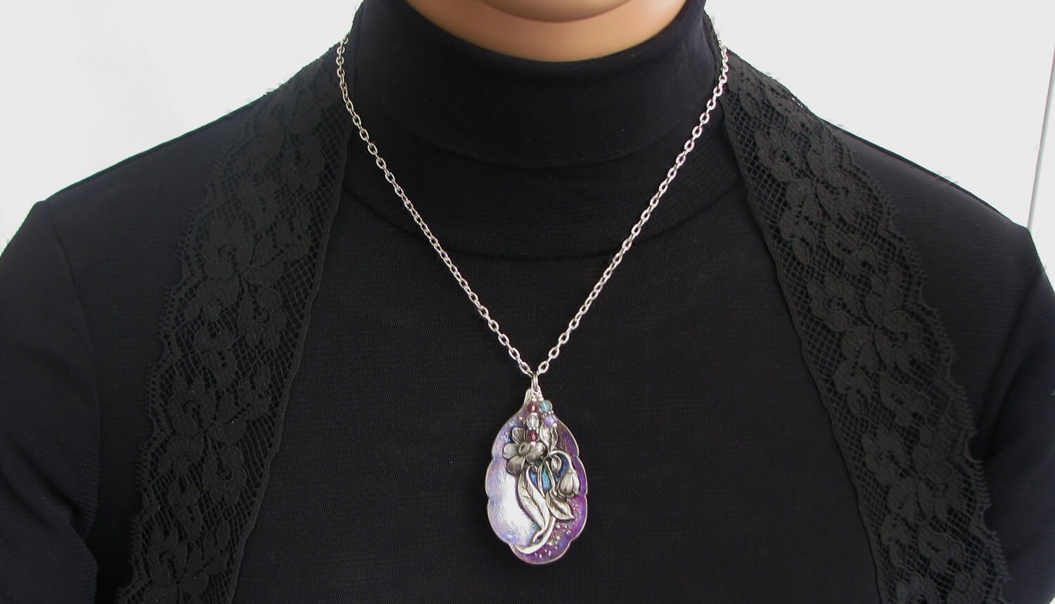 Spoon Necklace Spoon Pendant Antique Silver Flower & Purple