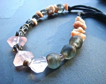 Strawberry Rock Necklace- upcycled T-shirt, gemstone, glass, and sterling silver