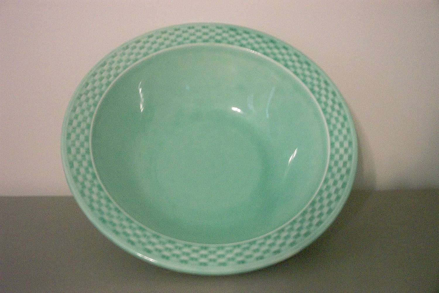 W S Round Serving Bowl Green Basketweave Vintage 1930s Haute Juice