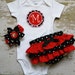 Black and White Polka dot and Red Ruffle Bottom Bloomers and matching Headband and Applique Onesie