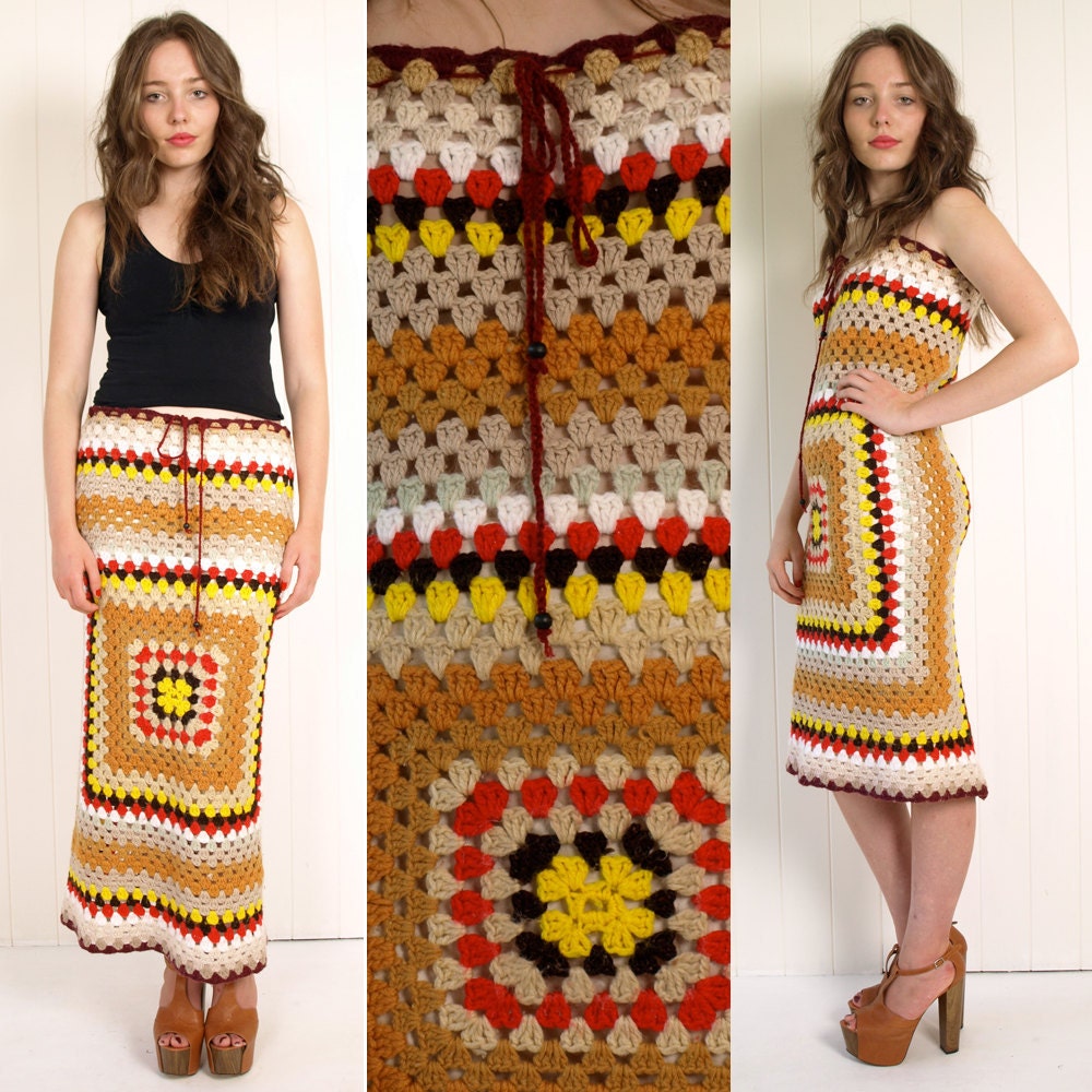Vintage 70s boho crochet granny square maxi skirt dress L
