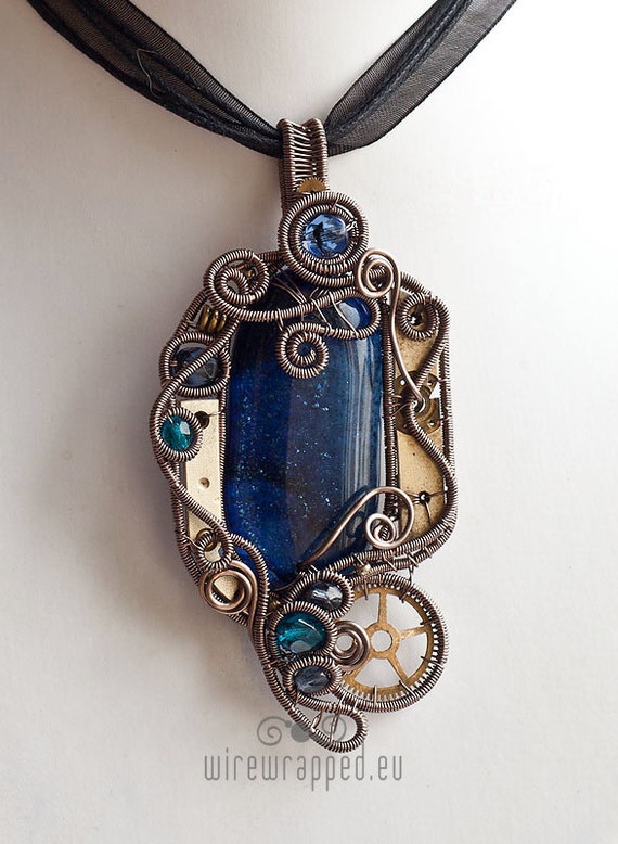 OOAK midnight blue steampunk fused glass wire wrapped pendant