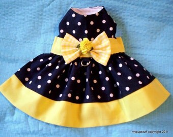 Yellow Banded Polka Dot Harness Dress for Dogs XXXS,XXS,XS,S,M
