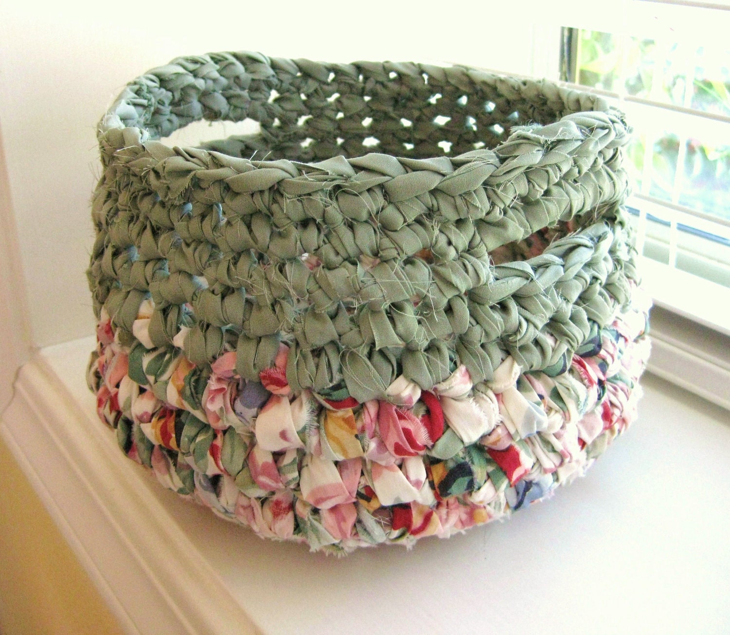 Crocheted Rag Basket Sage Green and Spring Colors-Repurposed