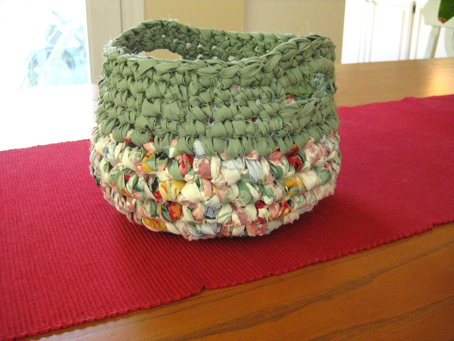 Crocheted Rag Basket Sage Green and Spring Colors-Repurposed