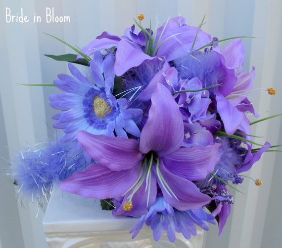 Feather wedding bouquet periwinkle lavender bridal bouquets