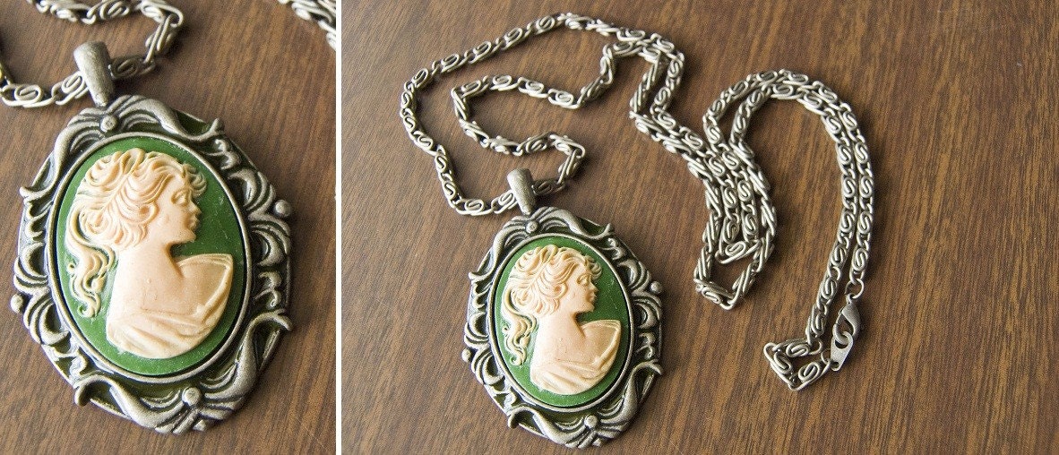 Vintageinspired tarnished silver necklace with cameo pendant