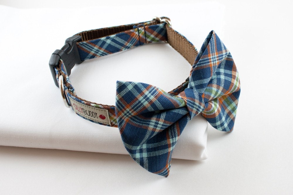 Blue Tartan Bow Tie Dog Collar