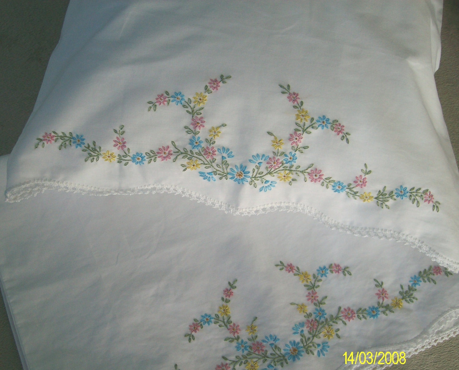 Hand Embroidered Pillowcases White Crocheted edging with Blue