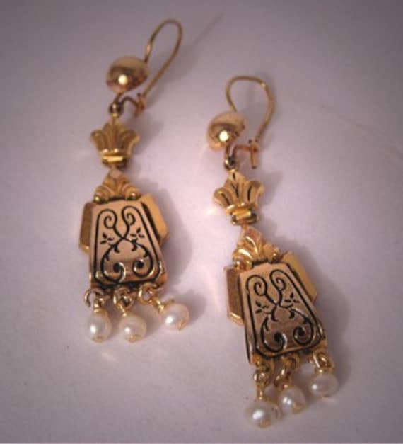 Antique Victorian Earrings Enamel Gold Pearl Vintage