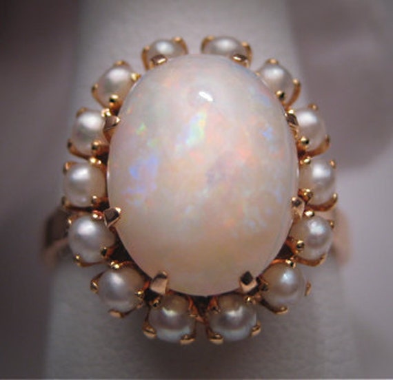 Antique Opal Seed Pearl Ring Vintage Victorian 14K Gold