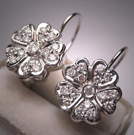 Vintage Diamond Earrings 14K White Gold Estate Wedding