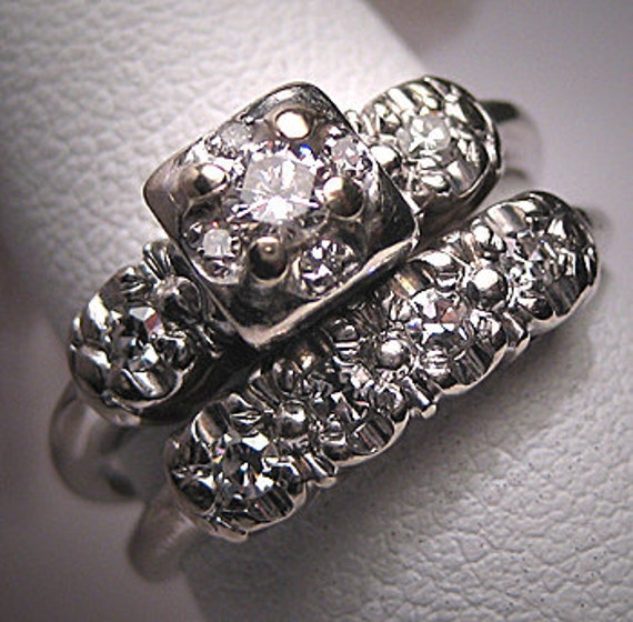 Antique Diamond Wedding Ring Set Engagement by AawsombleiJewelry