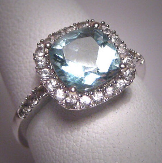 Vintage Aquamarine Wedding Ring W. Sapphire Art Deco 7