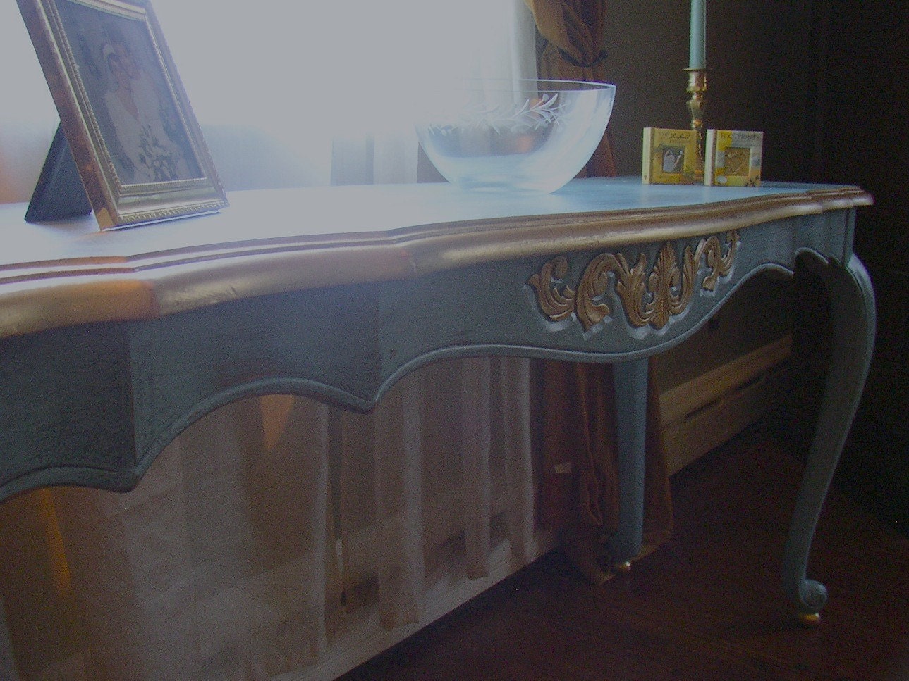 French Blue Console Table with Gold trim/accents