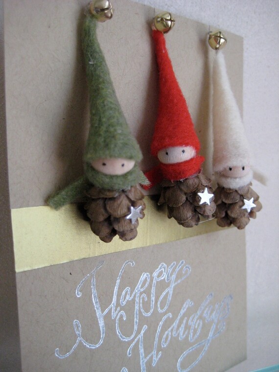 2 Tiny Pine Cone Elves  set of 3 ornaments  by kaniko on Etsy