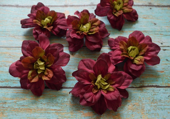 Silk Flowers Six Magenta Burgundy Delphinium Blossoms