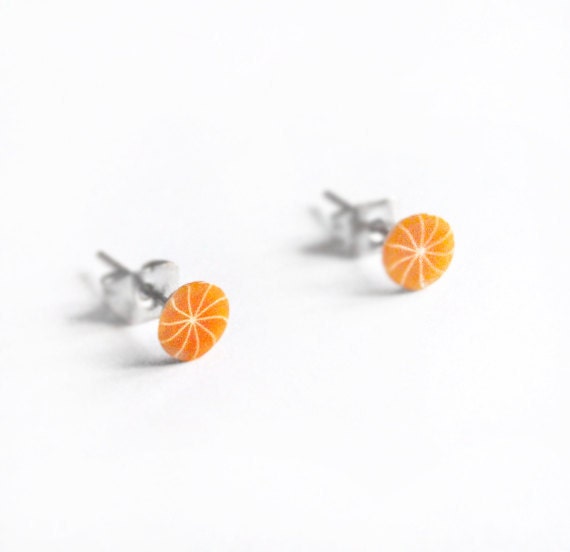 Items similar to Orange Polymer Clay Stud Earrings White Gold Plated in ...