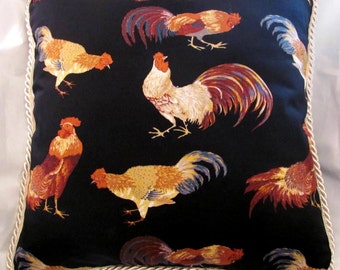 Country French Cottage Rooster Pillow Provence Black Tan Ivory