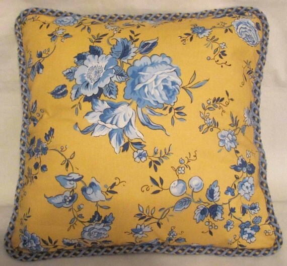 French Country Romantic Cottage Pillow Yellow White Blue Toile