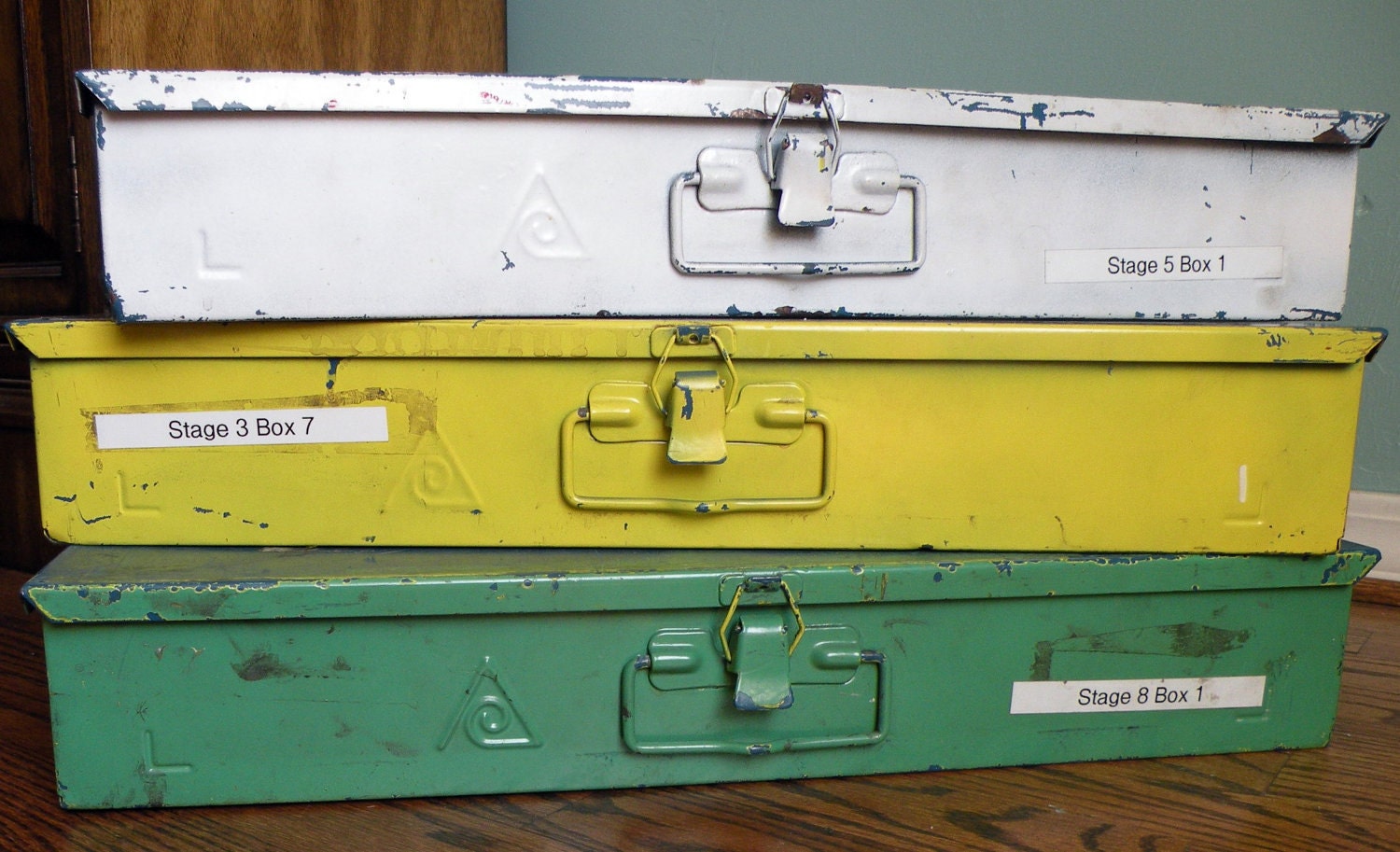 Industrial Storage Boxes Set of Three Painted Coastal Cottage